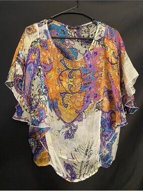 Camille La Vie Sheer 100% Silk Paisley Blouse in Orange, Purple, Blue & Cream
